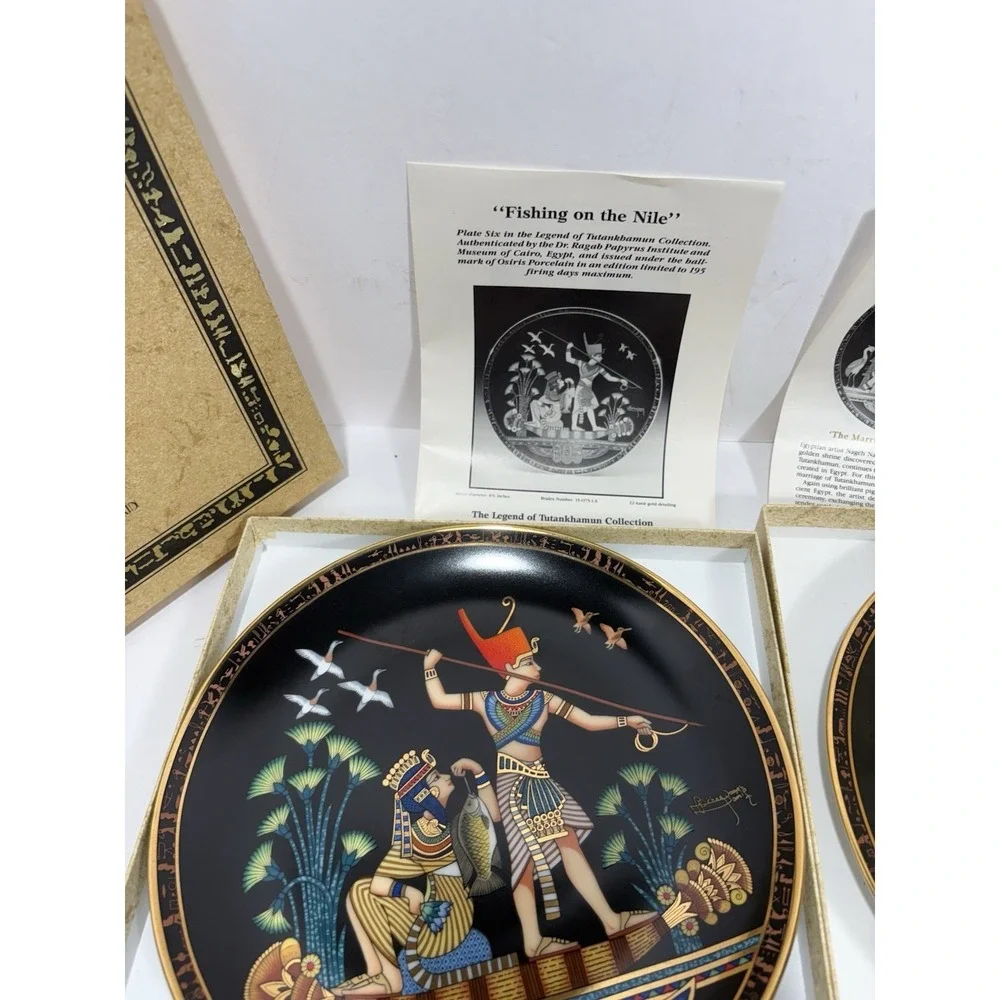 2‎ Osiris Porcelain Legend of Tutankhamun Plates Marriage + Fishing On The Nile